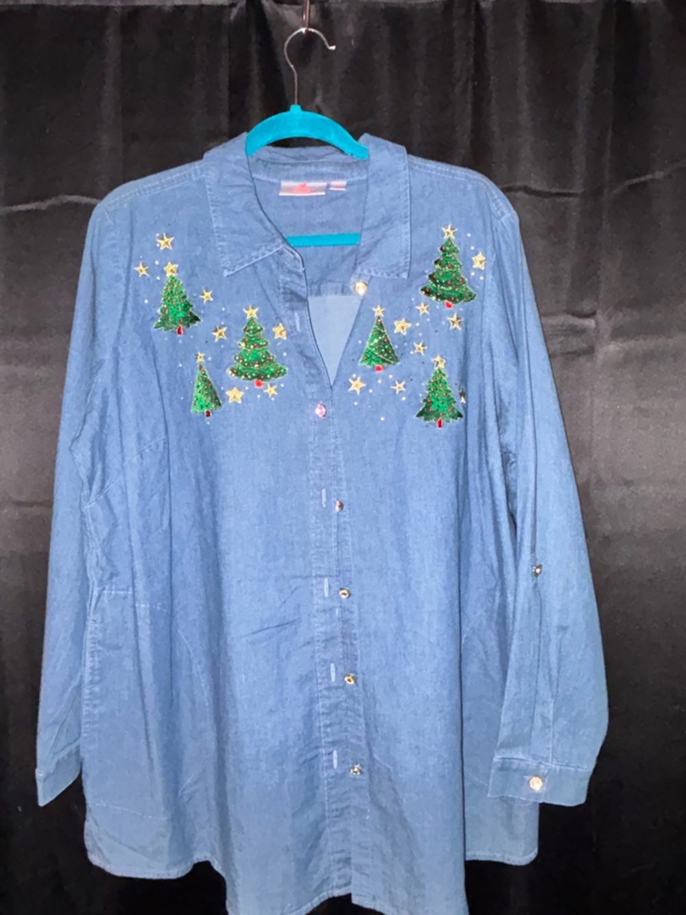 Quacker Factory Blue Denim Button-Down Shirt with Green ChristmasTree Embroidery